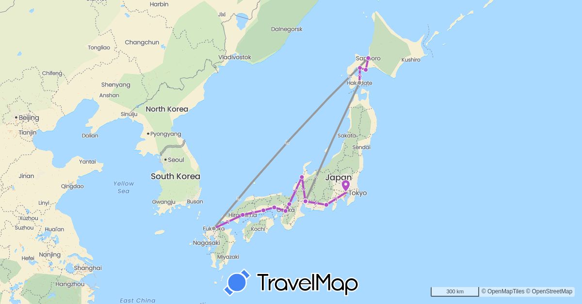 TravelMap itinerary: driving, plane, train in Japan (Asia)